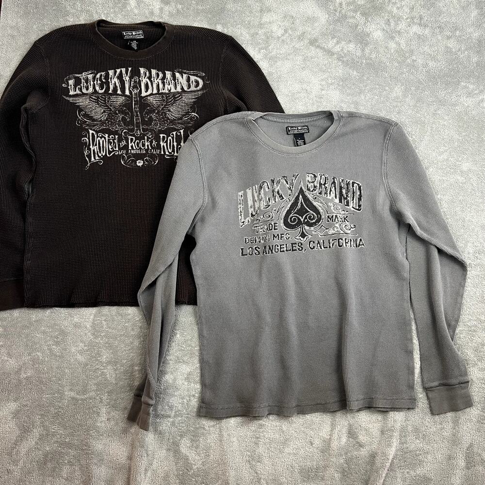 Lot of 2 Lucky Brand Thermal Shirts Mens L Brown Grey Waffle Long Sleeve Grunge